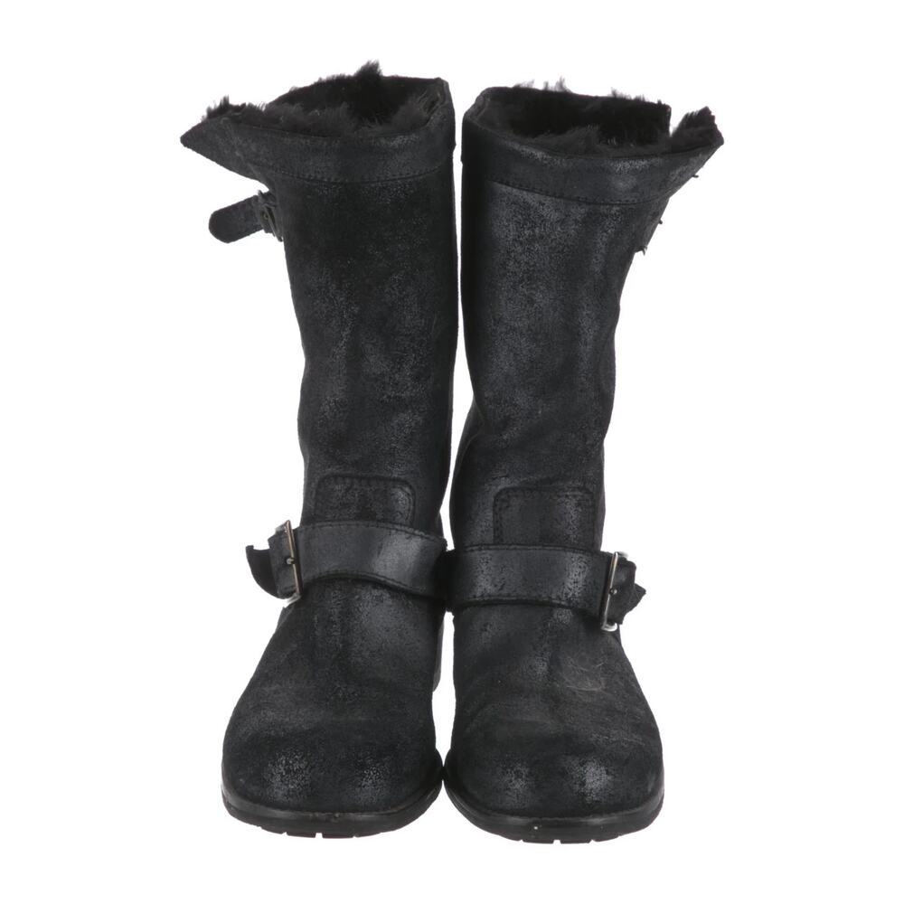 Jimmy Choo Suede Fur Trim Moto Boots Black Buckle Women’s Size 36 Mid Calf